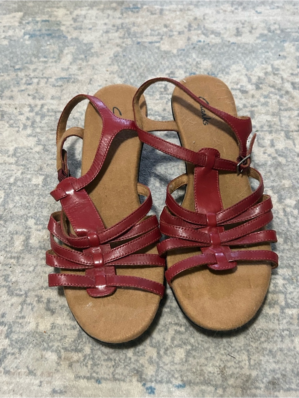 Clarks Red Leather Strappy Sandals with Black Soles